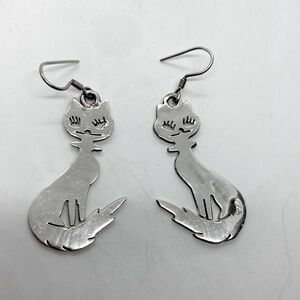 Vtg Taxco 925 Sterling Silver Kitty Cat Dangle Earrings | 1.9” L | 14g W